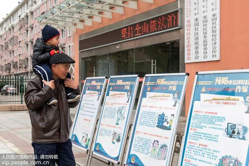 12月19日南京江宁区一位老人带着孩子在观看“净网2019”专项行动宣传展板。